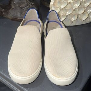 Rothy's Cream Slip-On Flats with Blue Trim